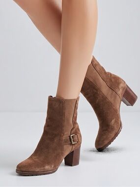 Cole Haan Callan Women's Mid-Calf Boots Brown Leather Buckle 7.5 Block Heel